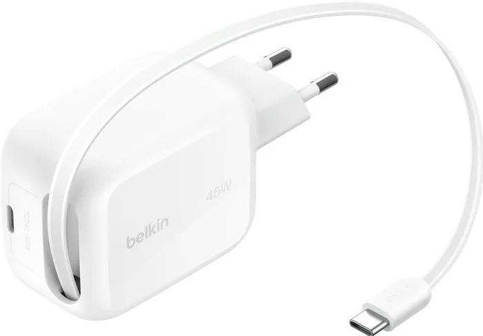 Belkin BoostCharge Pro 45 W USB-C Ladegerät Weiß + Einziehbares USB-C Kabel 0,8 m