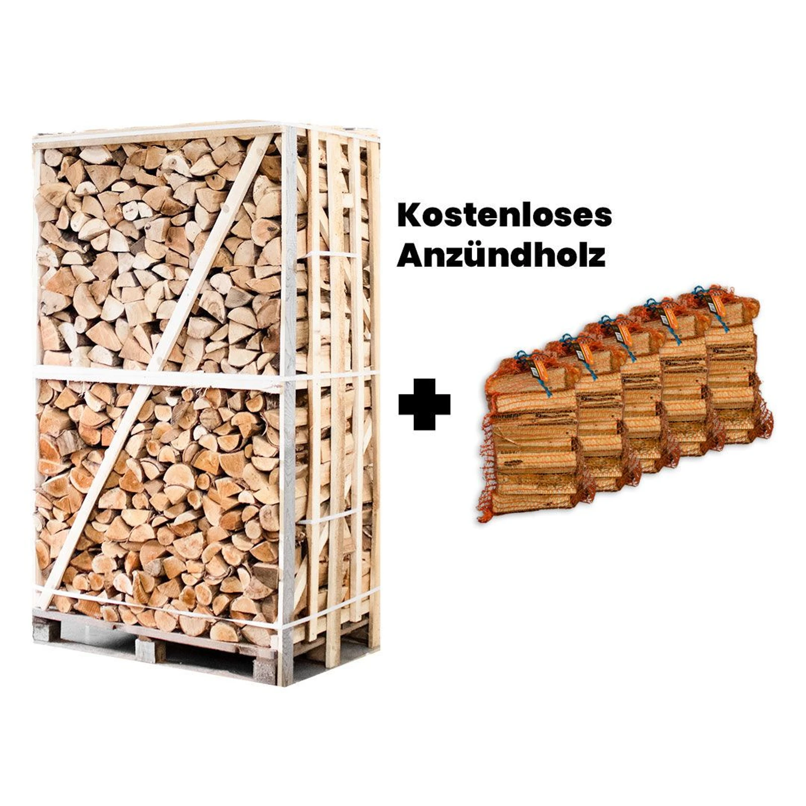 Palette Brennholz 25cm + gratis 5 Netzsäcke Anzündholz